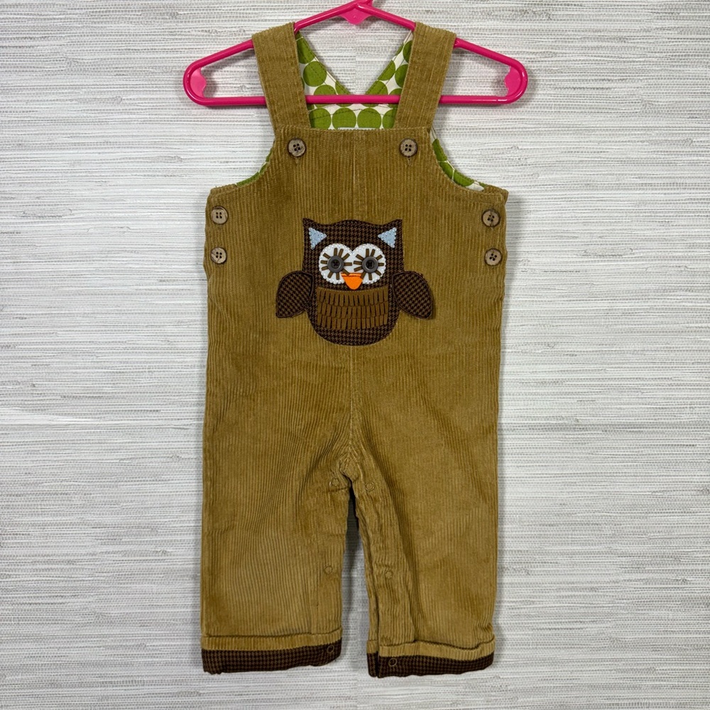 Kid’s Mud Pie Tan Corduroy Owl Overalls Size 6-9 Months - Picture 1 of 9
